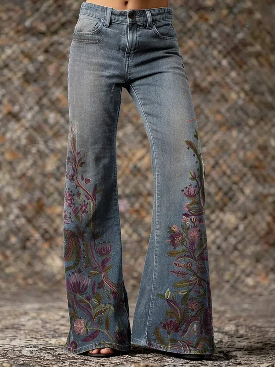 Floral Art Print Casual Washed Cotton Denim Pants