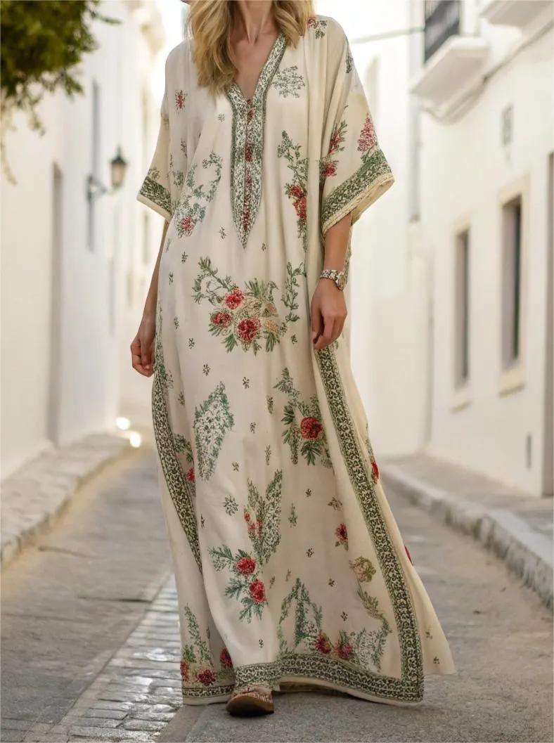 Cotton & Linen Long Sleeve Kaftan Maxi Dress
