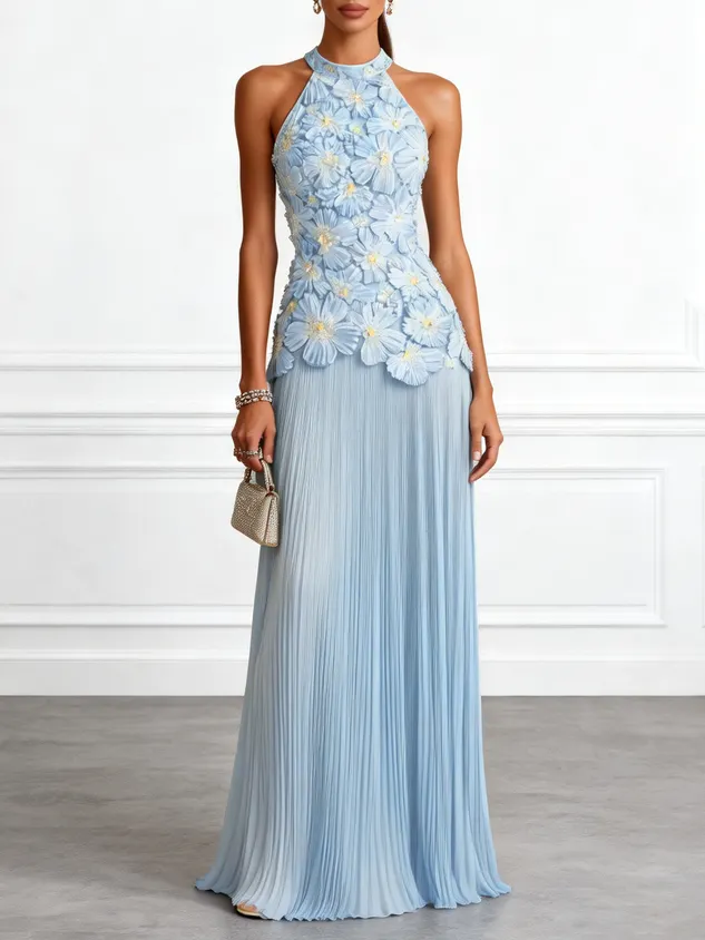 Light Blue Jacquard Chiffon Halter Neck Sleeveless A-Line Floor-length Gown