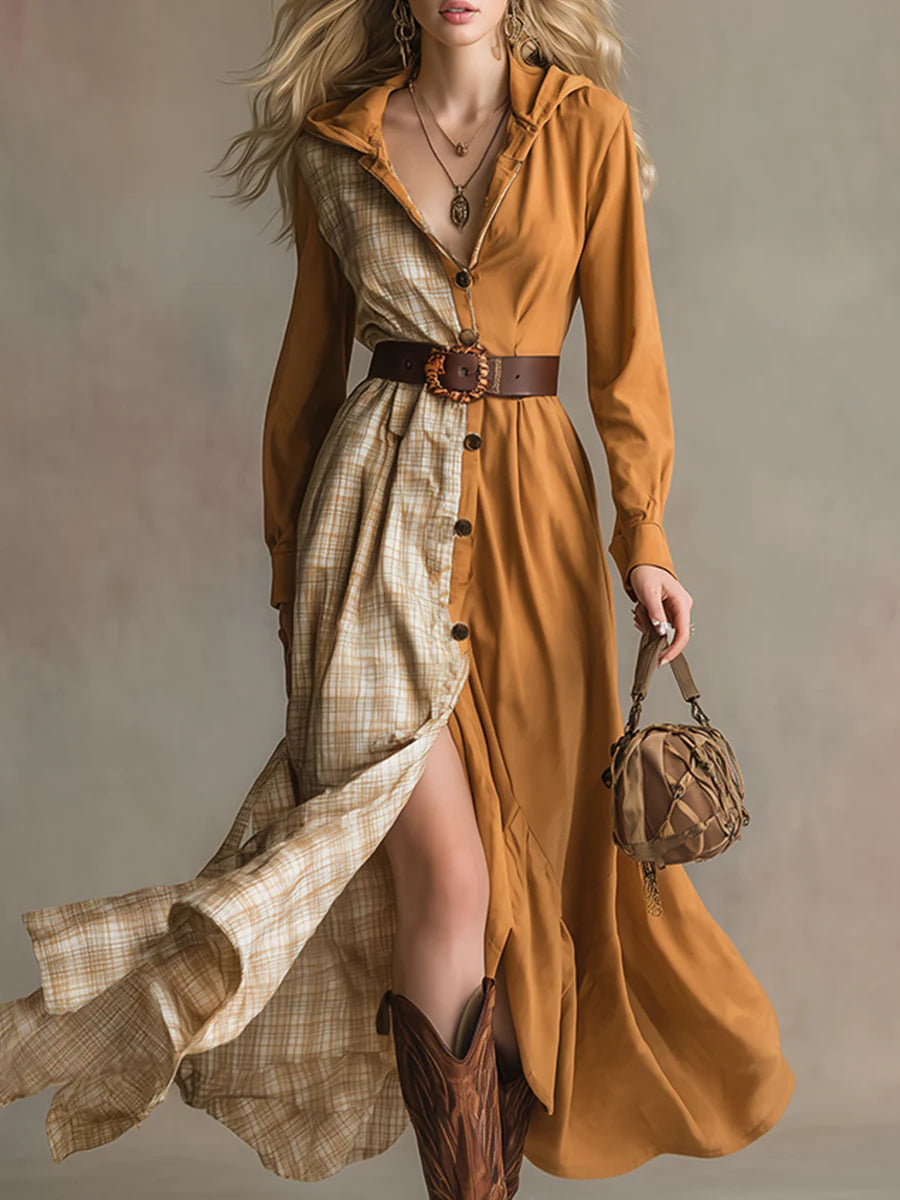 Bohemian plaid patchwork light orange hooded button-front dress