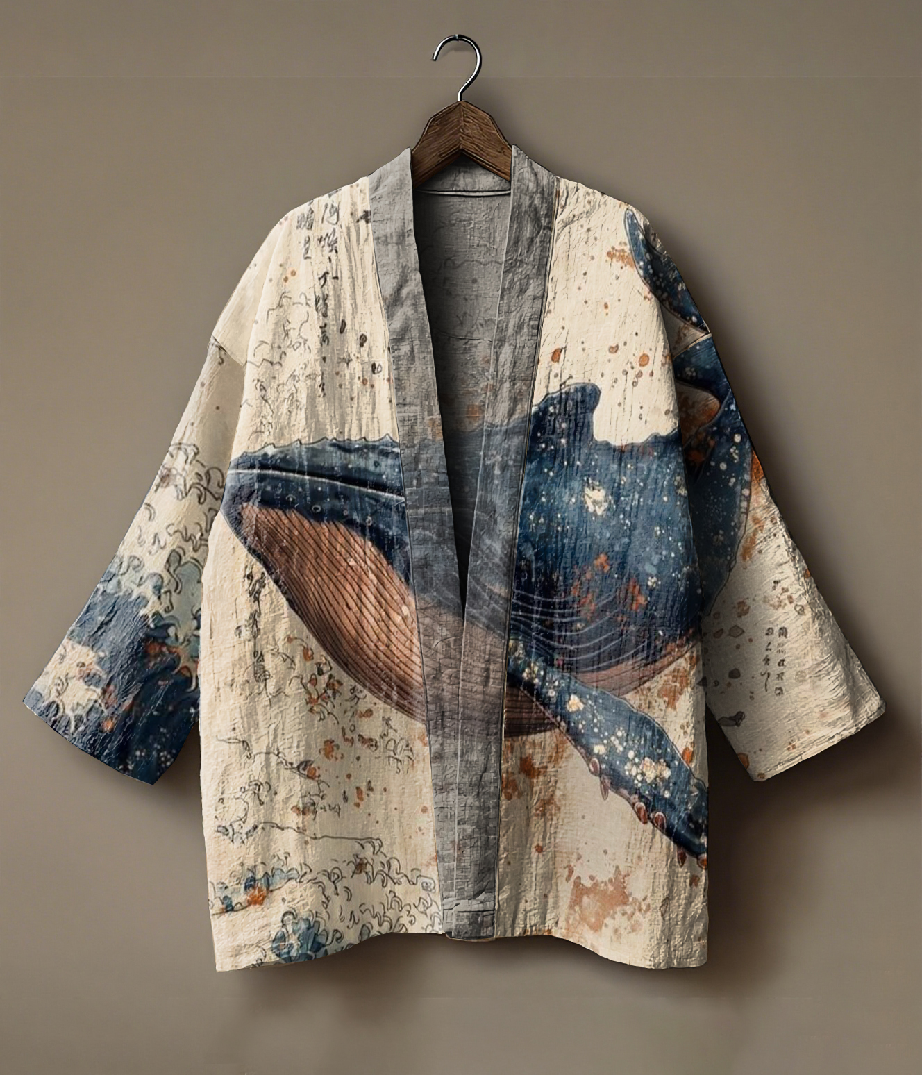 Japanese art-printed linen andou (open-front) kimono