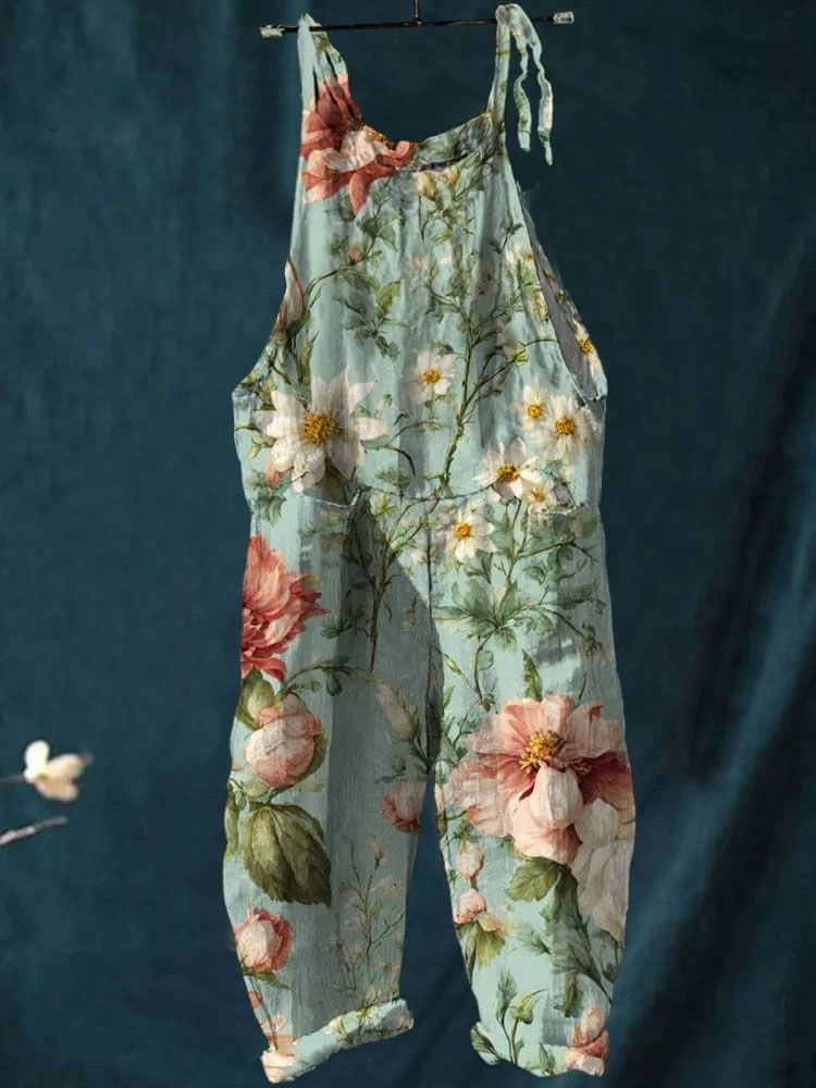 Vintage Lovely Floral Art Print Casual Wide-Leg Jumpsuit