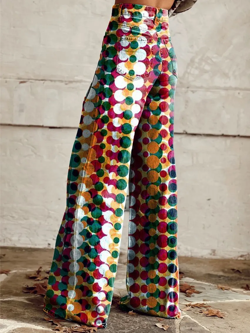 Vintage Print Casual Wide-Leg Pants