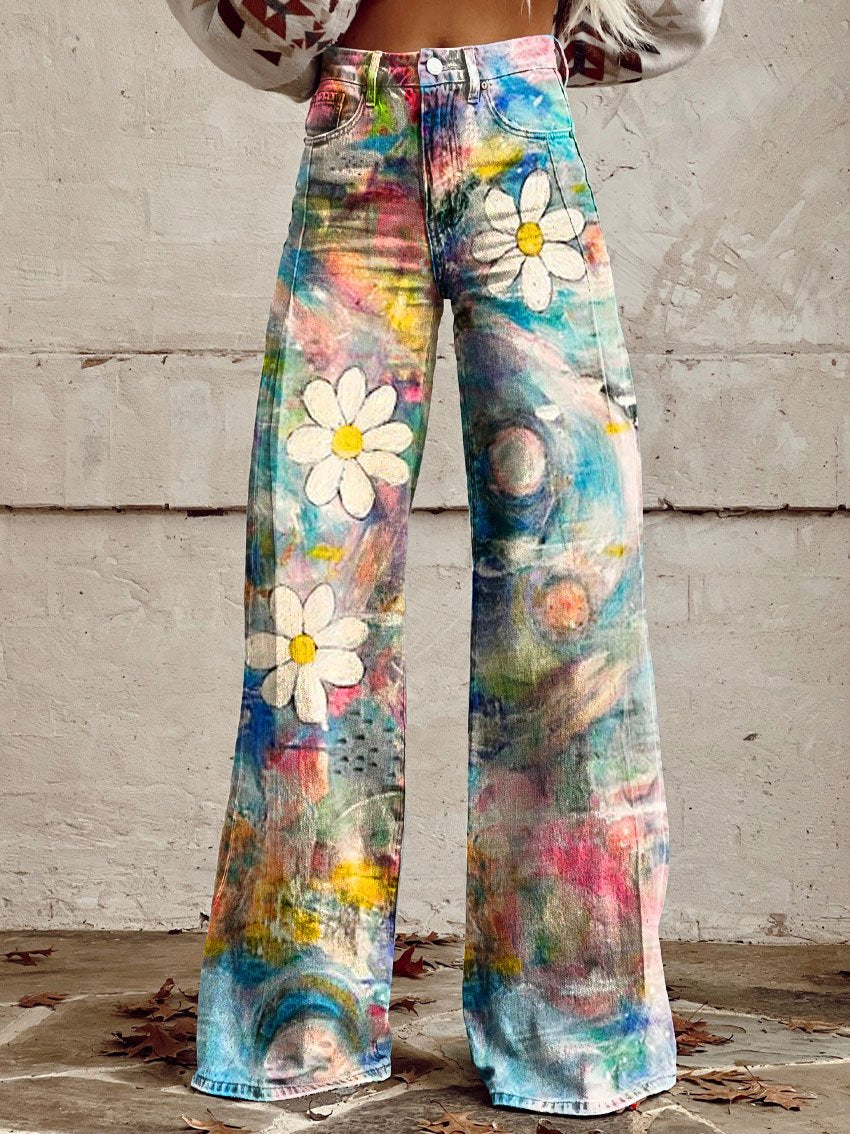Vintage Graffiti Flower Print Casual Wide-Leg Pants