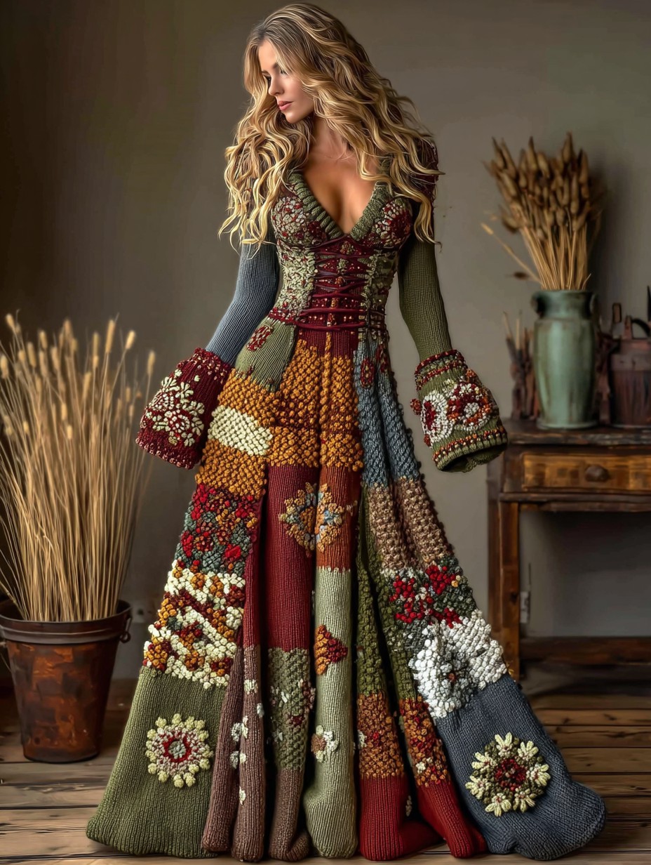 Vintage Floral Crochet Colorblock Cozy Maxi Sweater Dress