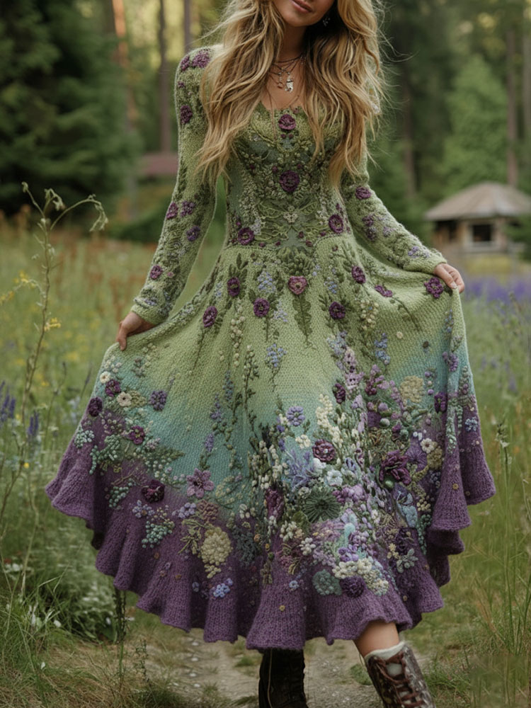 Classy Gradient Purple Lavender And Floral Art Cozy Knit Maxi Dress