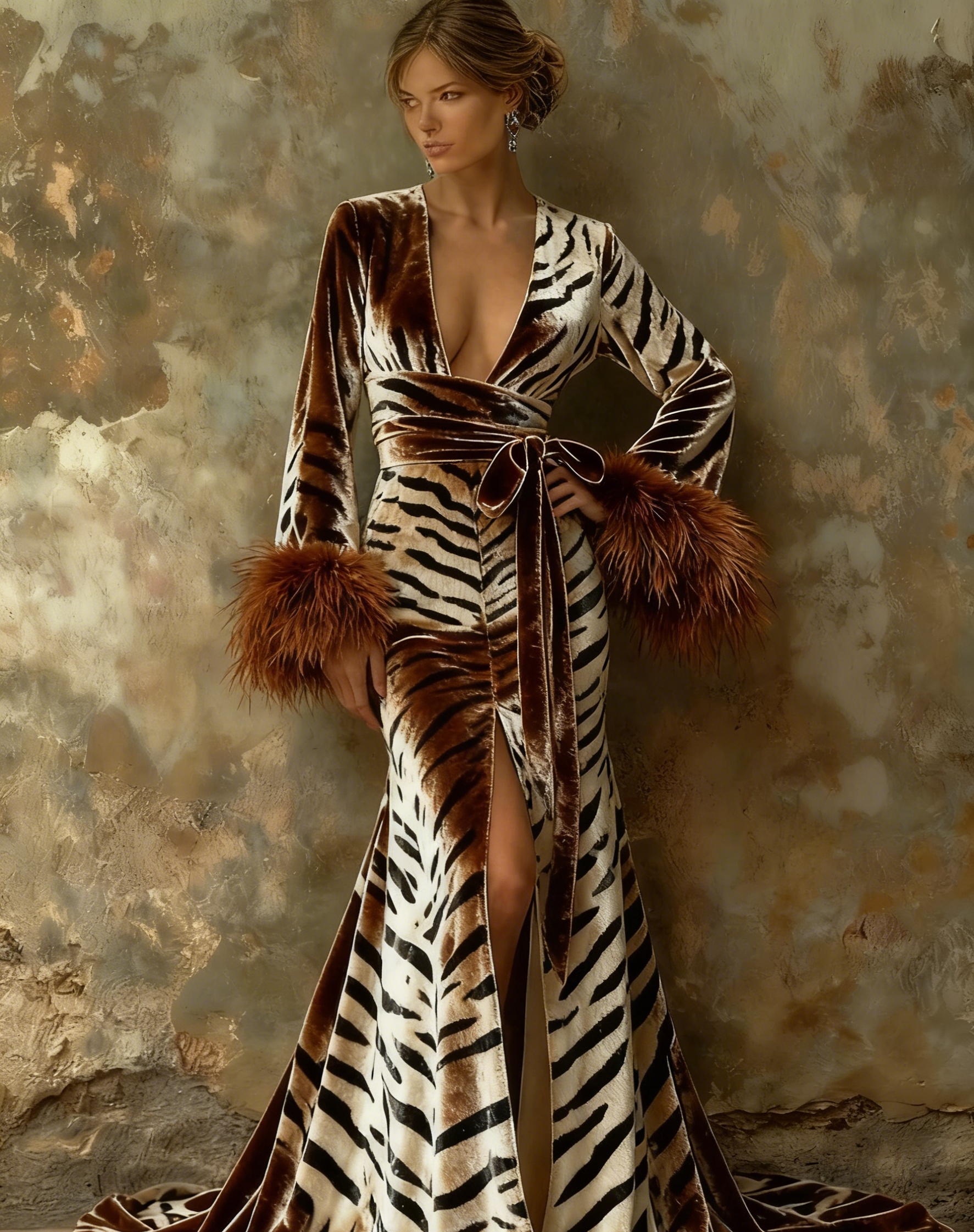 Artistic floral print plush kimono robe, autumn/winter long robe with sash.