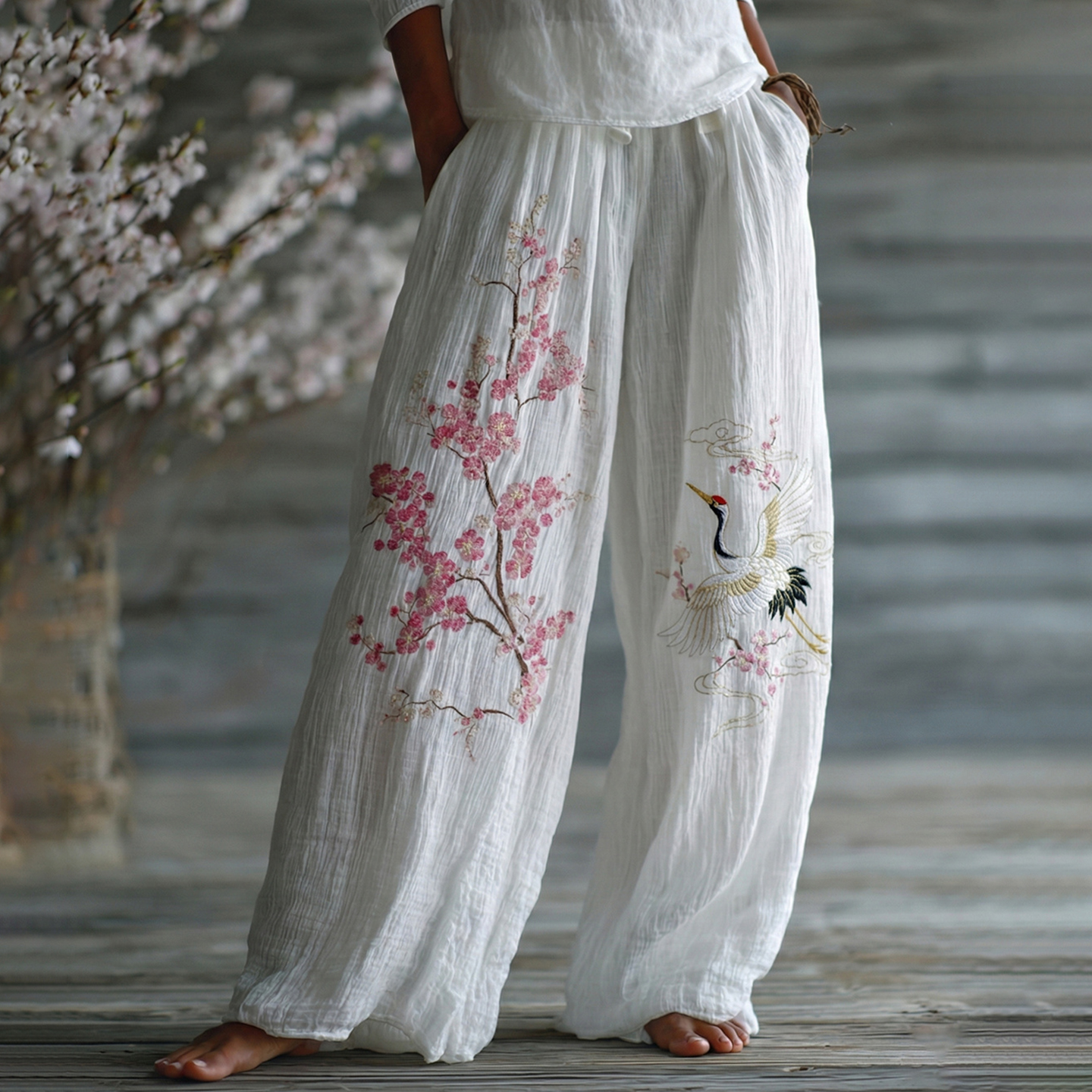 Japanese Flower & Crane Linen Pants
