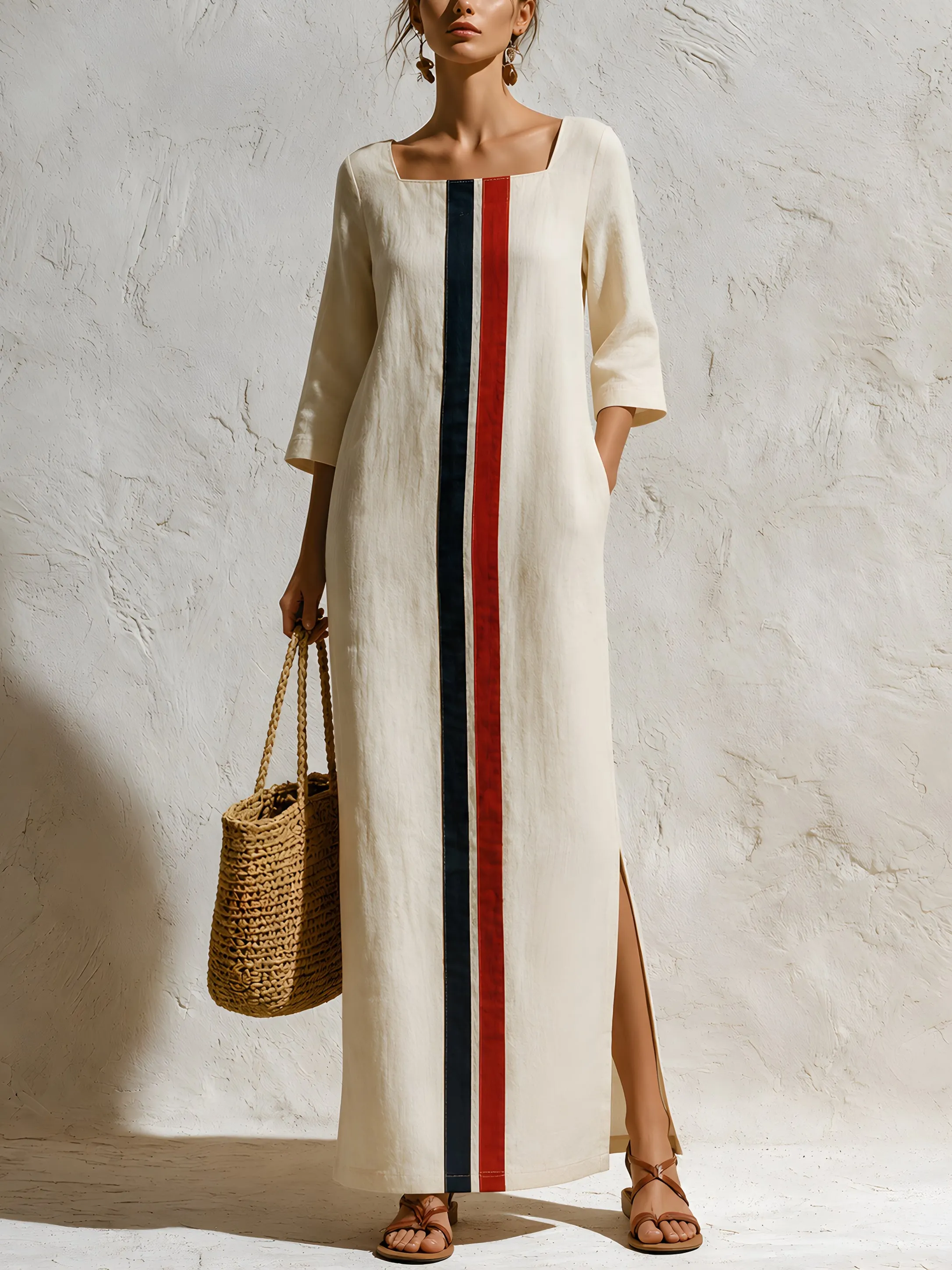 Women’s Minimalist Maxi Dress – Elegant Long-Sleeve Column Dress With Contrast Stripe Detail