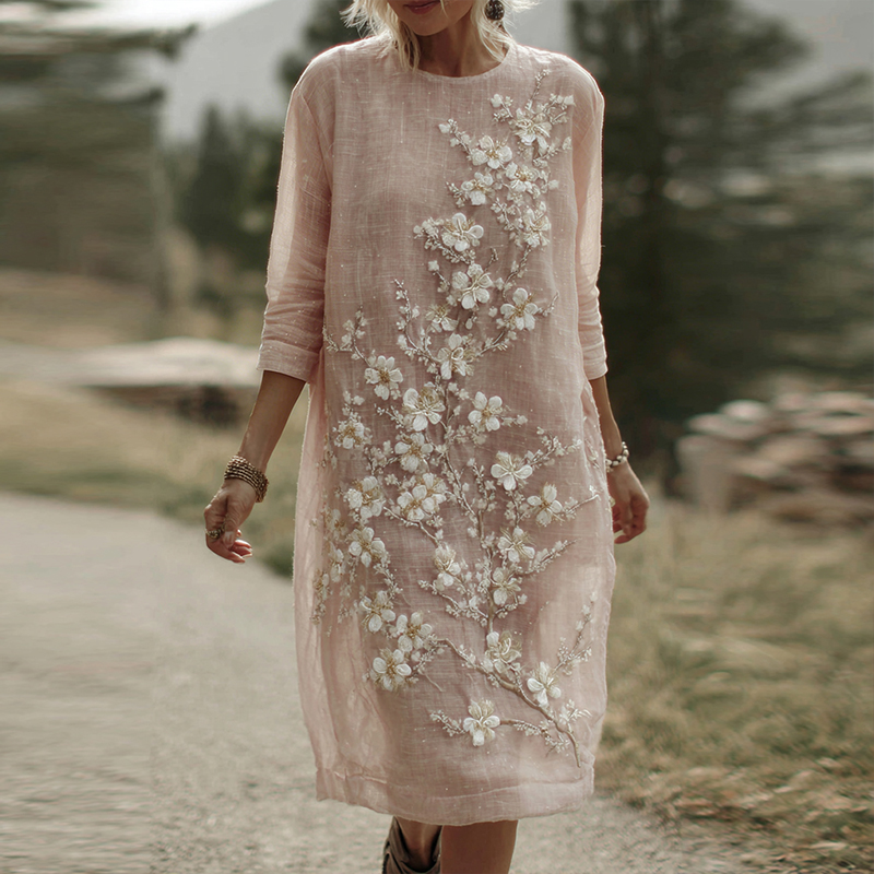 Women's Bohemian Cherry Blossom Pattern Casual Round Neck Long Sleeve Dress