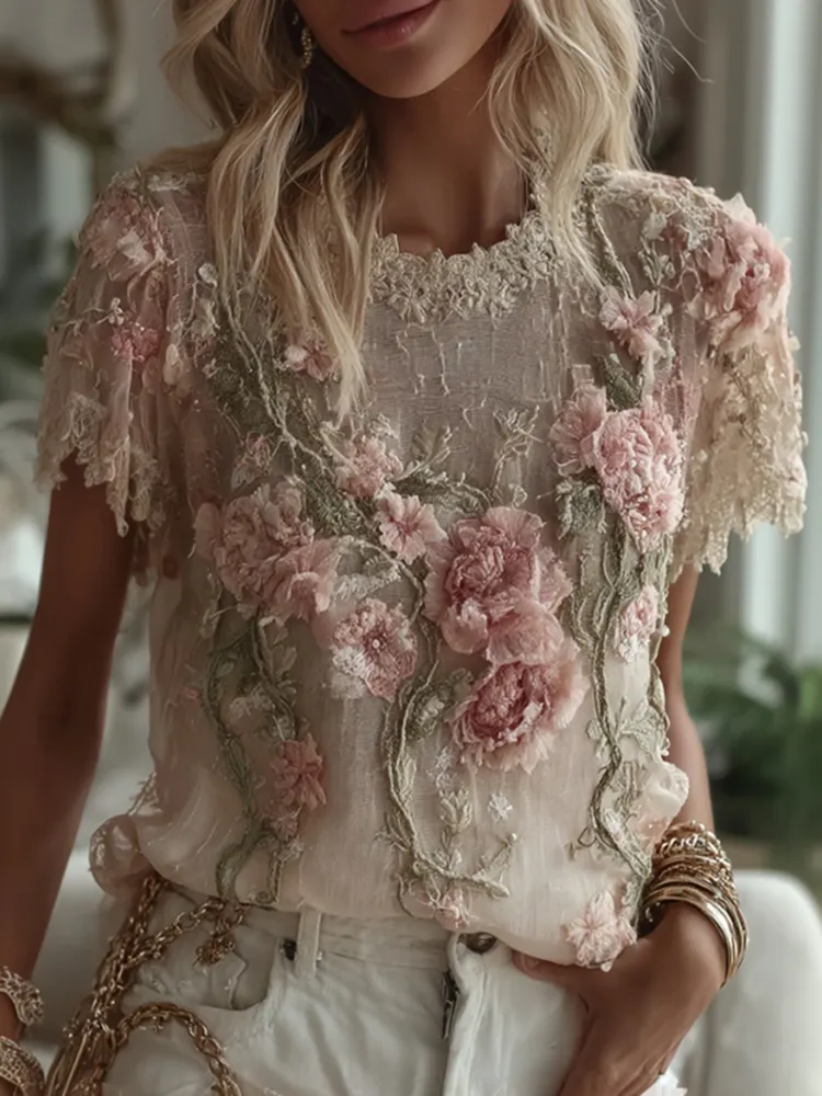 Women's Embroidered Floral Vine Short-sleeve Blend T-shirt
