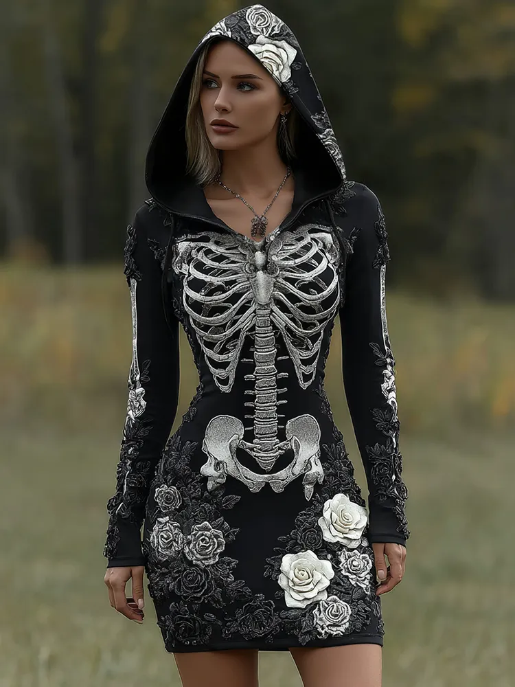 Women's Vintage Halloween Skeleton Bones With Rose Art Cozy Knit Hooded Sweater Dress