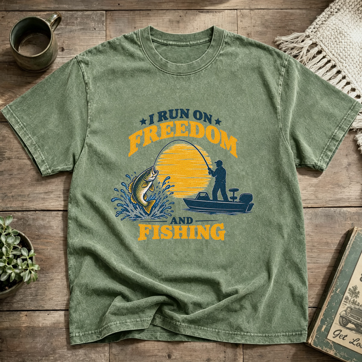 I Run On Freedom And Fishing Sunset Bass Boat Washed T-Shirt