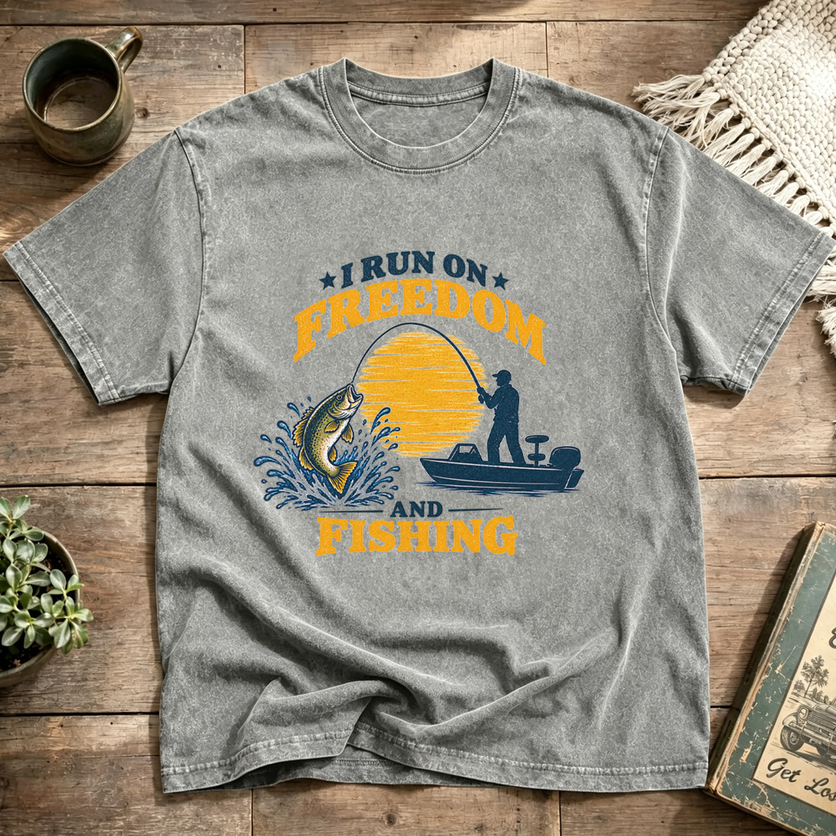 I Run On Freedom And Fishing Sunset Bass Boat Washed T-Shirt