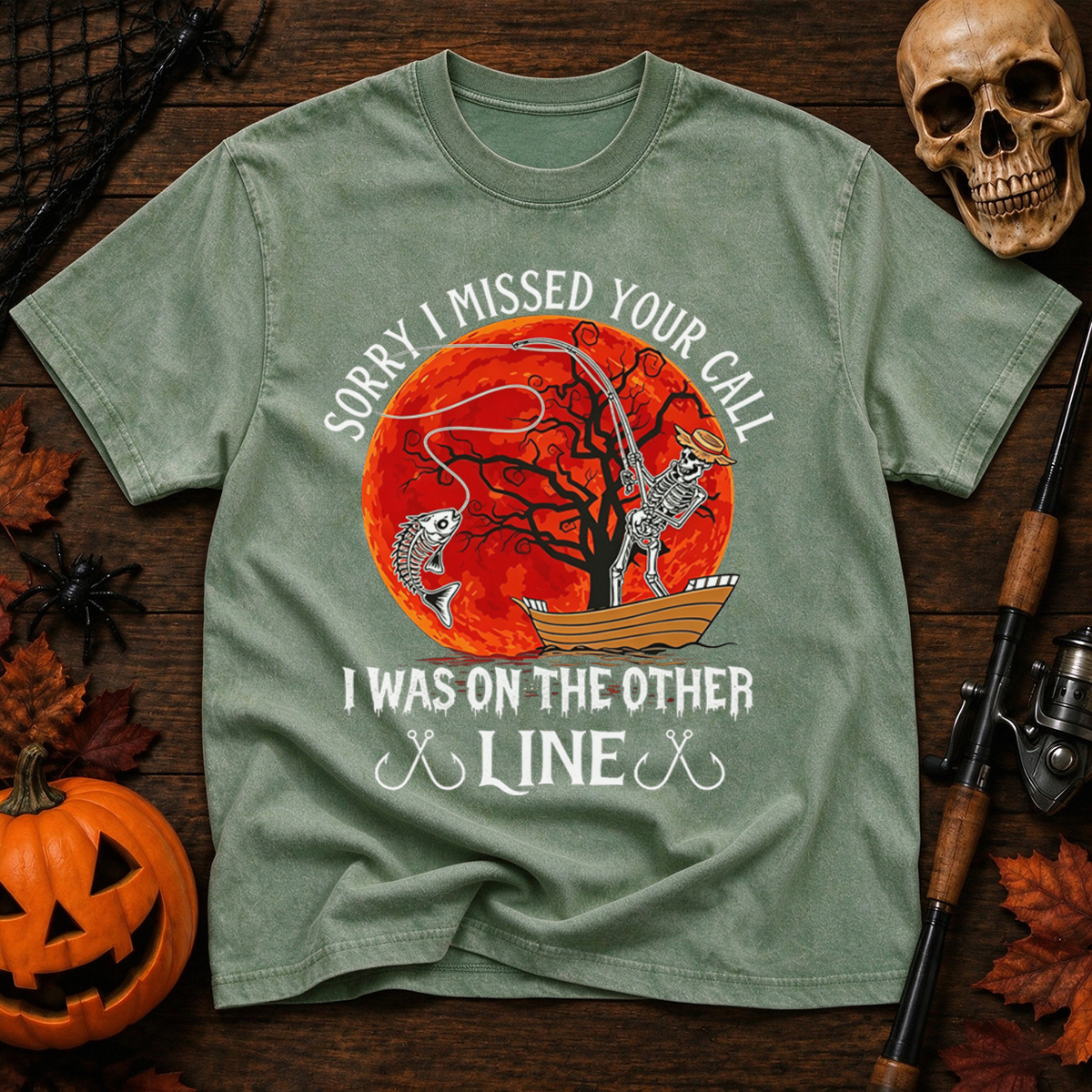 Haunted Lakes And Hooked Fish For Halloween Anglers Washed T-Shirt