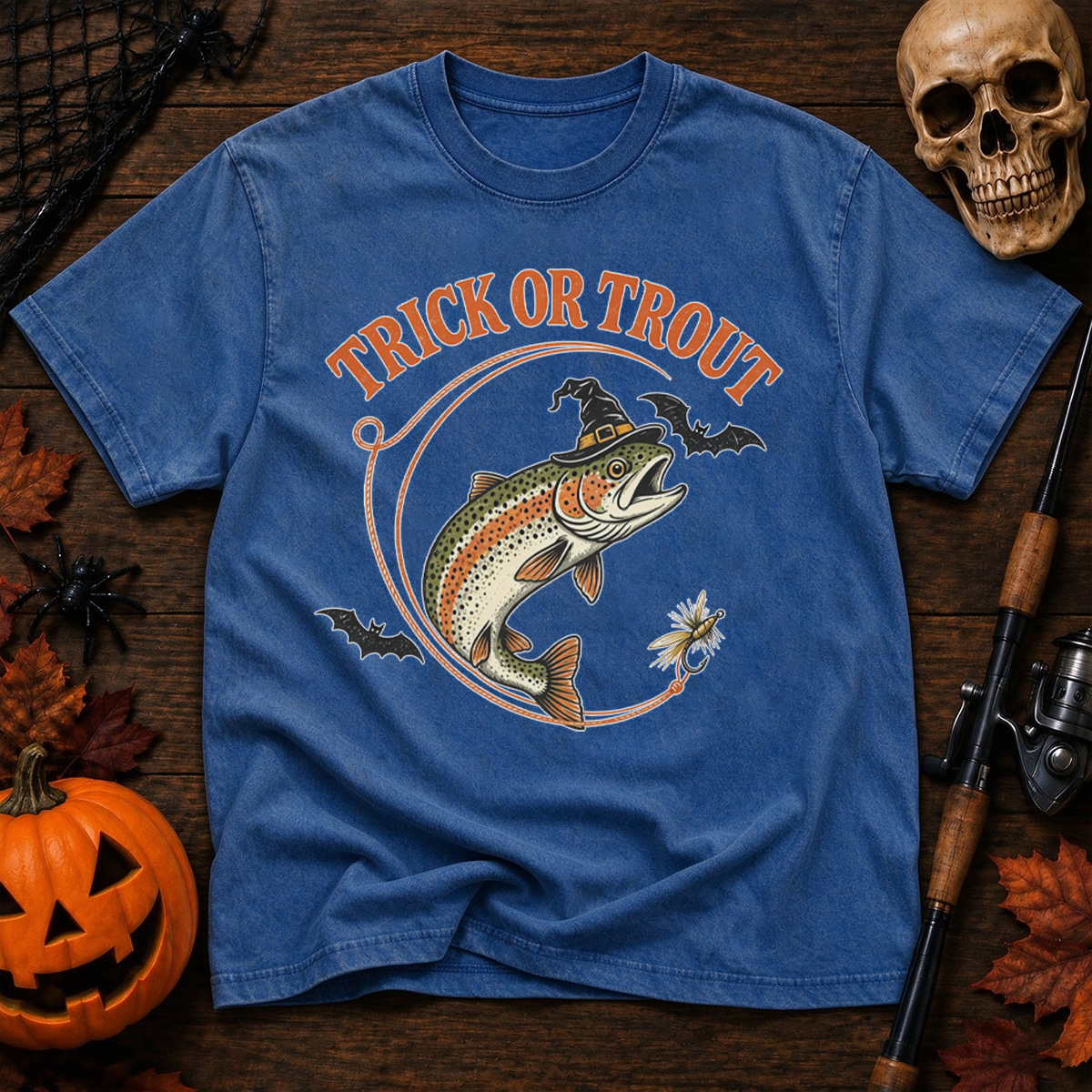 Witch Trout Halloween Fishing Washed T-Shirt