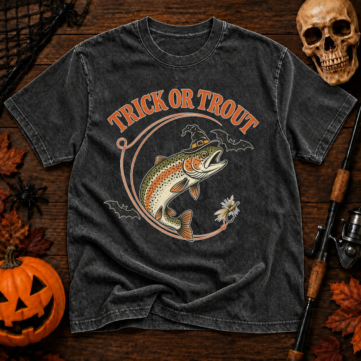 Witch Trout Halloween Fishing Washed T-Shirt