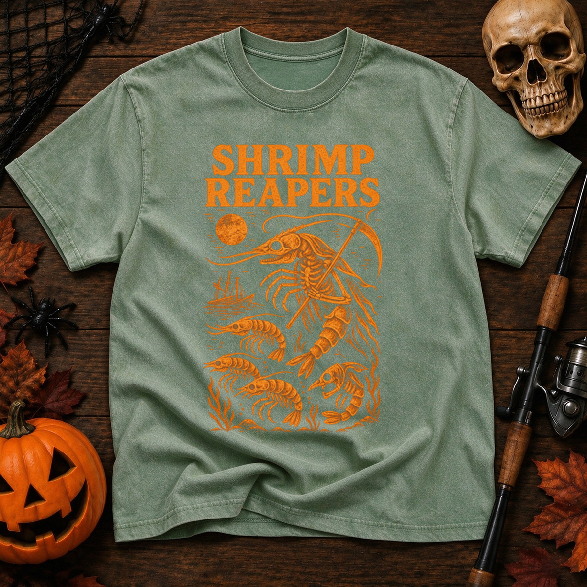 Hrimp Reaper Halloween Fishing Washed T-Shirt
