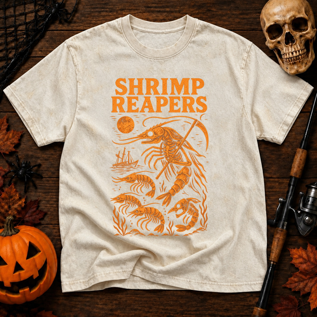 Hrimp Reaper Halloween Fishing Washed T-Shirt