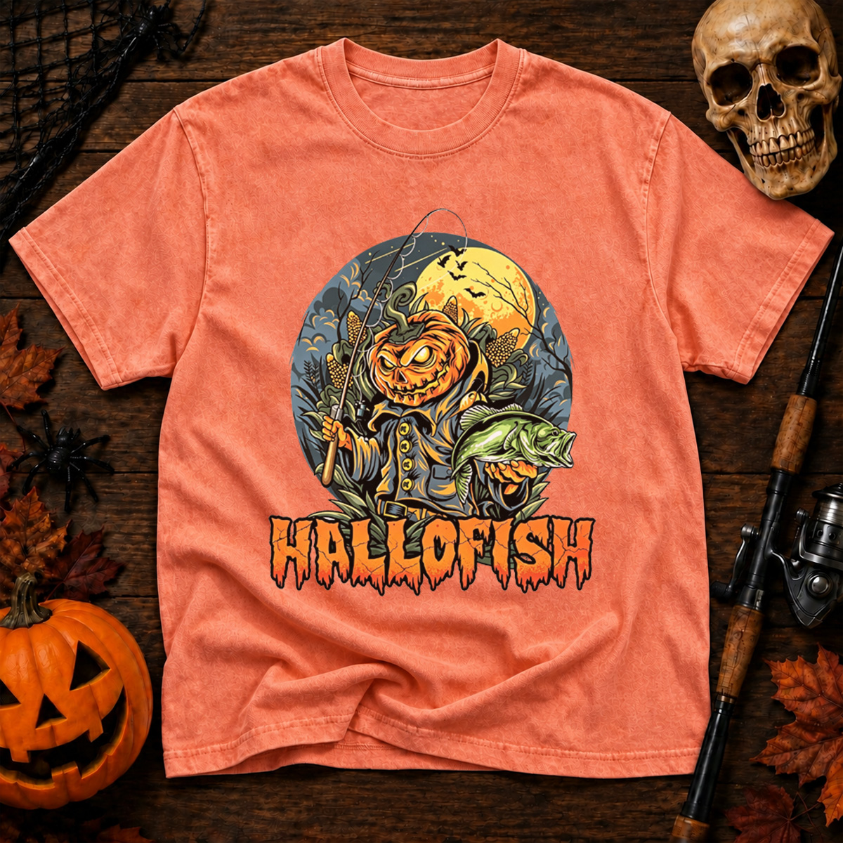 Fishing Pumpkin Halloween Washed T-Shirt
