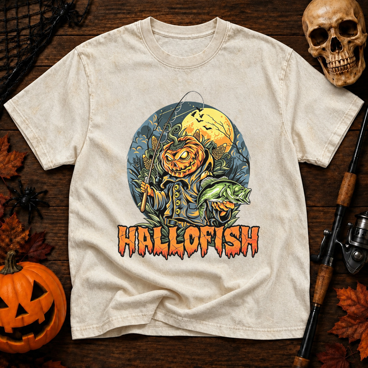 Fishing Pumpkin Halloween Washed T-Shirt