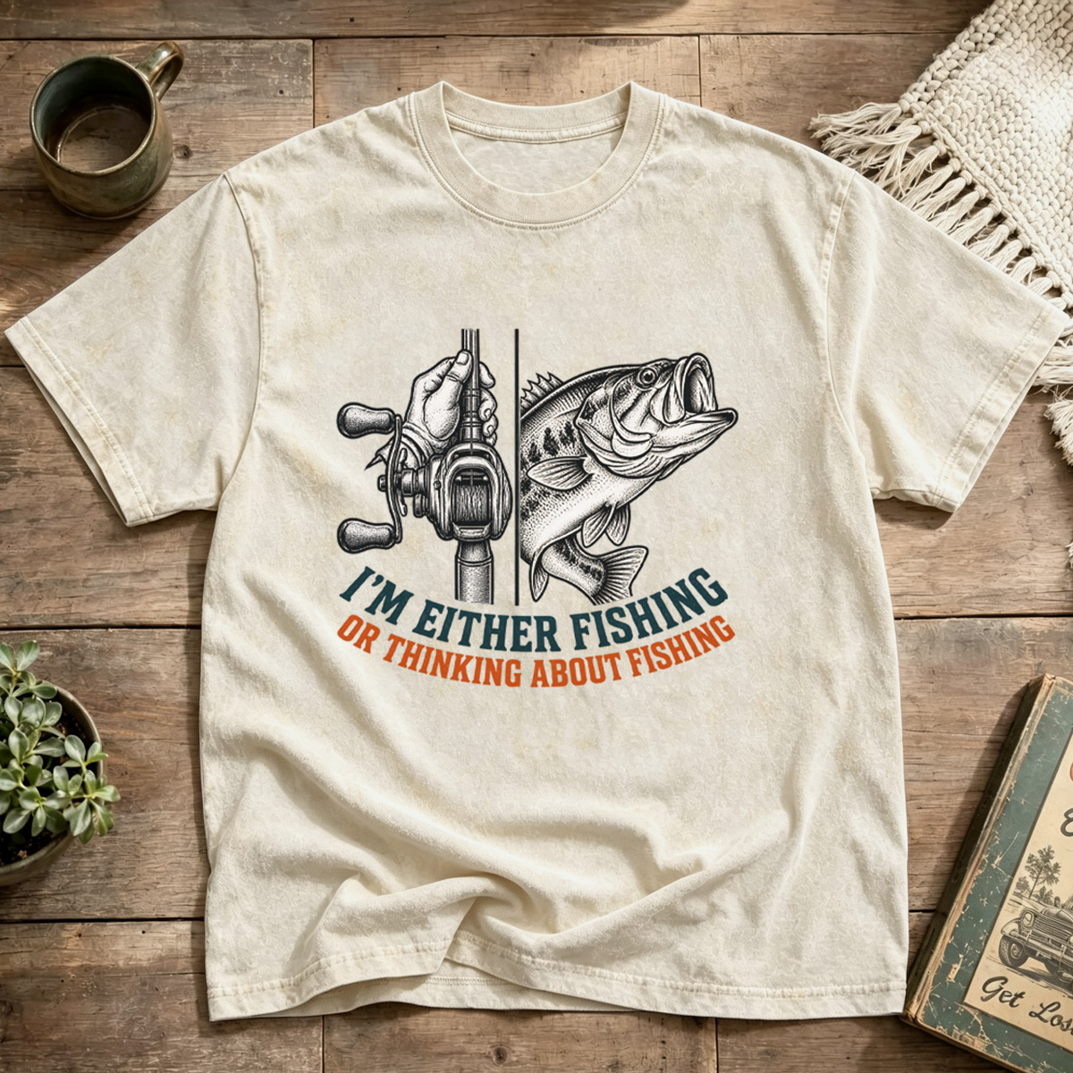 Either Fishing Or Thinking About Fishing Retro Washed T-Shirt