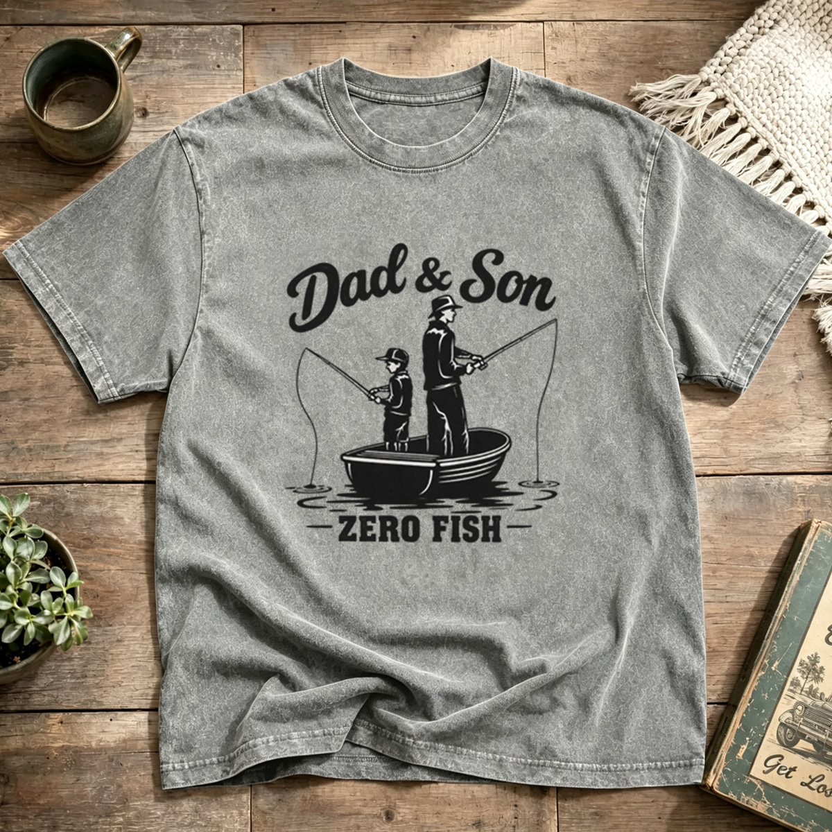 Dad And Son Zero Fish Fishing Retro Graphic Washed T-Shirt
