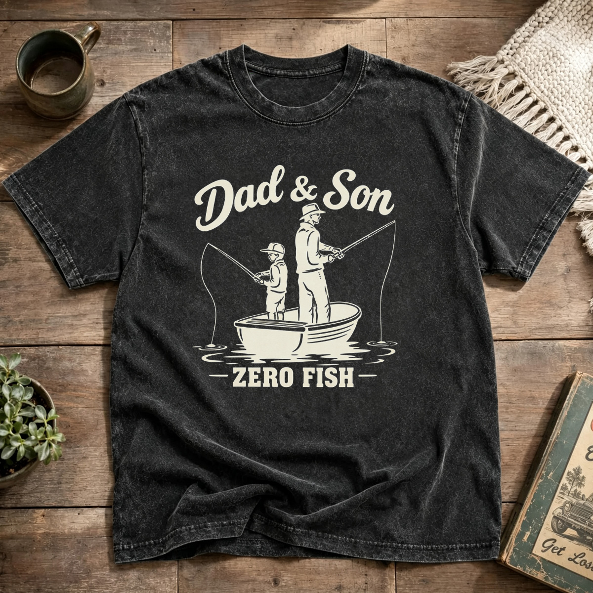 Dad And Son Zero Fish Fishing Retro Graphic Washed T-Shirt