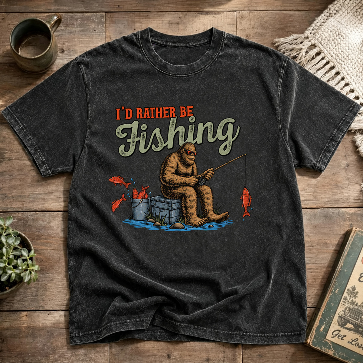 Id Rather Be Fishing Bigfoot Retro Outdoor Graphic Washed T-Shirt