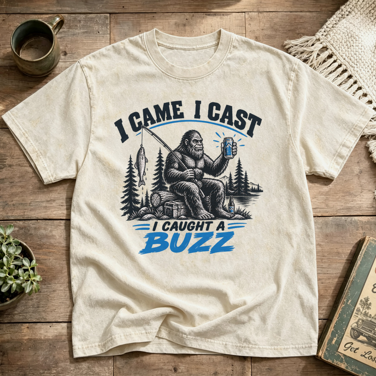 I Came I Cast I Caught A Buzz Bigfoot Fishing Washed T-Shirt