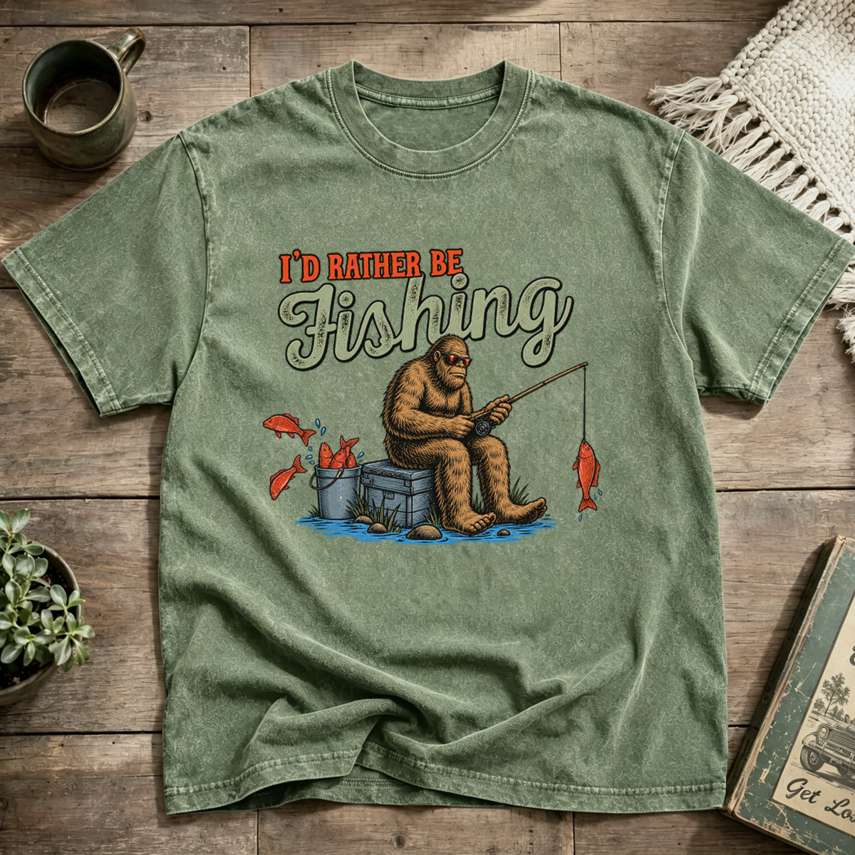 Id Rather Be Fishing Bigfoot Retro Outdoor Graphic Washed T-Shirt