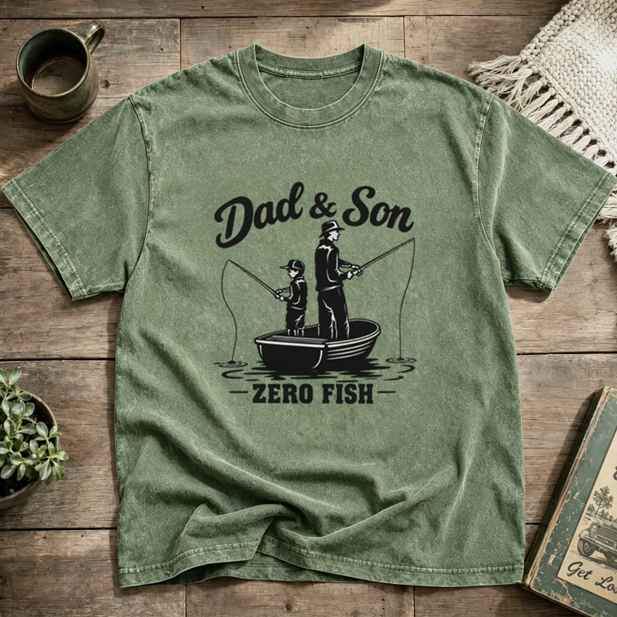 Dad And Son Zero Fish Fishing Retro Graphic Washed T-Shirt