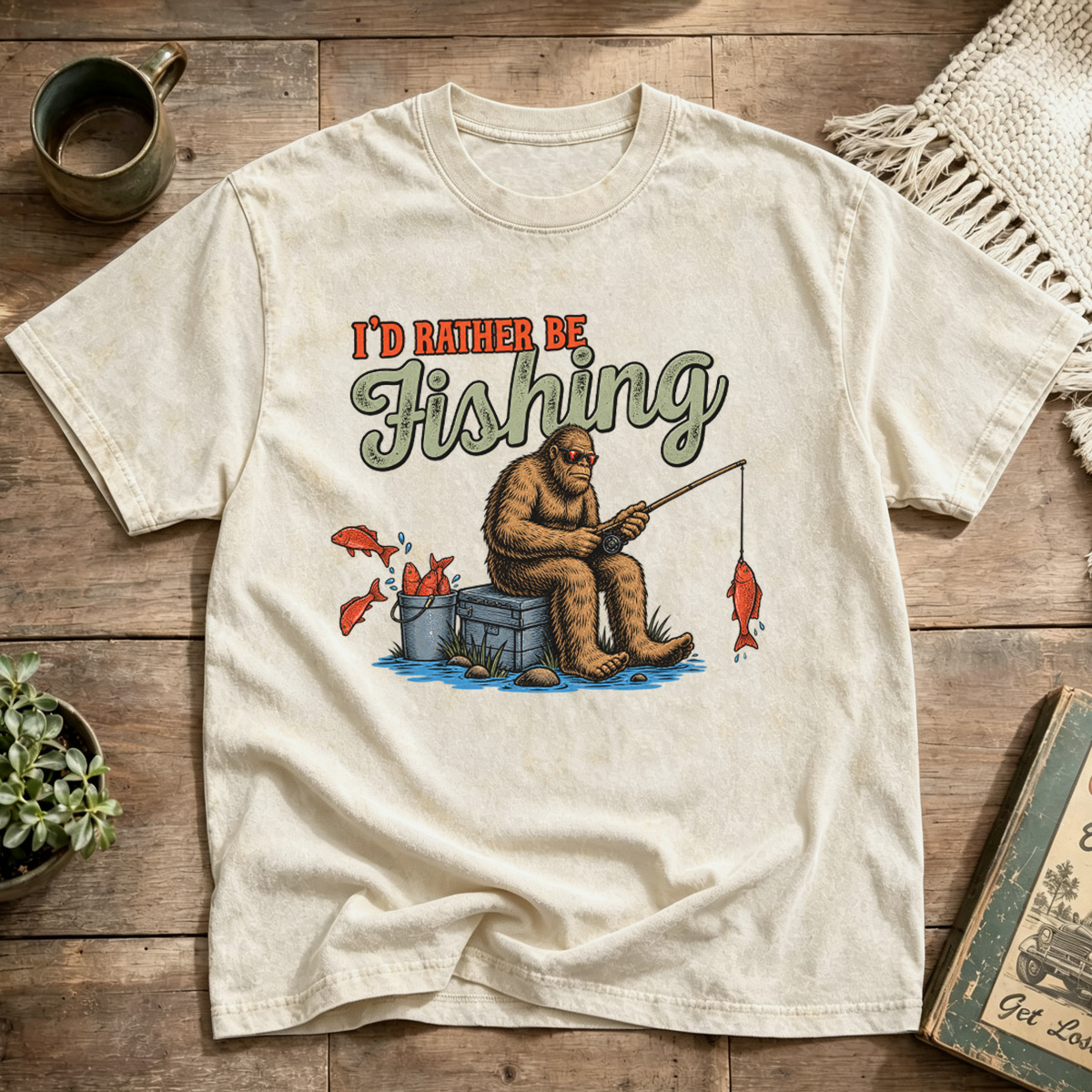 Id Rather Be Fishing Bigfoot Retro Outdoor Graphic Washed T-Shirt