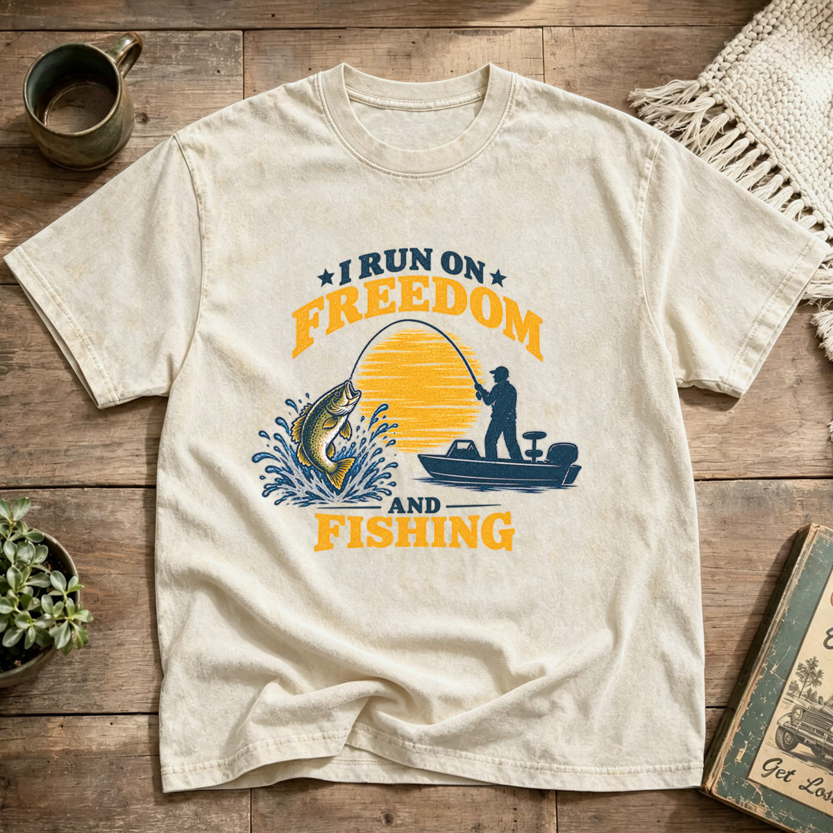 I Run On Freedom And Fishing Sunset Bass Boat Washed T-Shirt