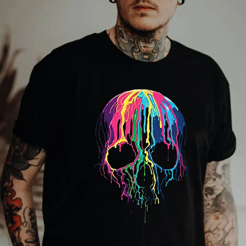 Rainbow Pigment on the Skull Black Print Men's T-shirt