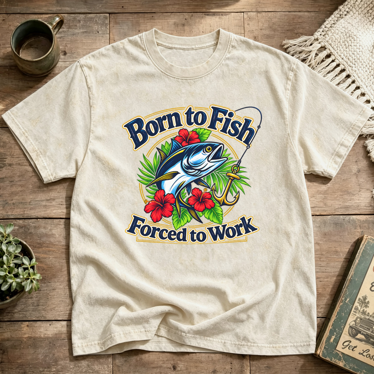 Born To Fish Forced To Work Tropical Tuna Anchor Washed T-Shirt