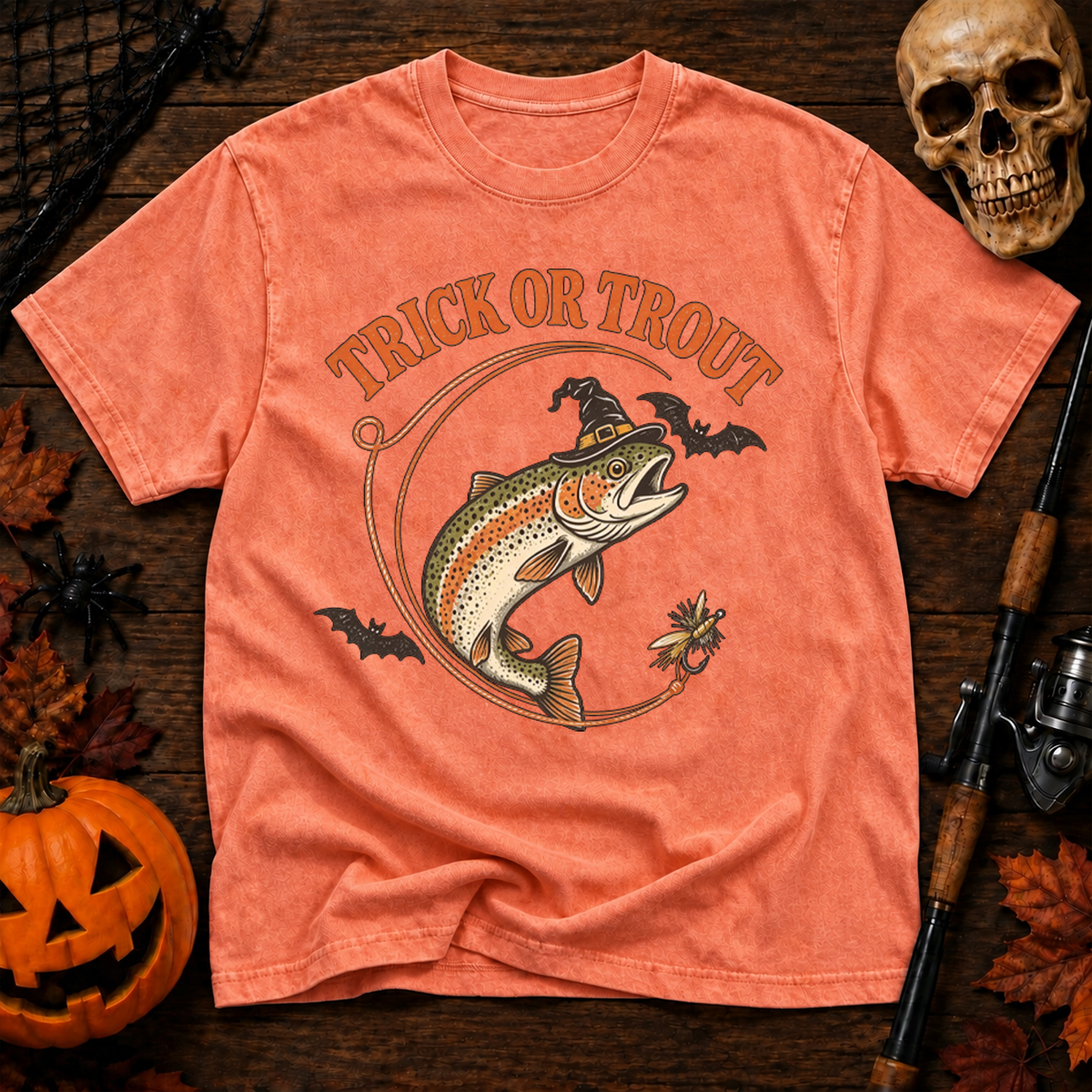 Witch Trout Halloween Fishing Washed T-Shirt