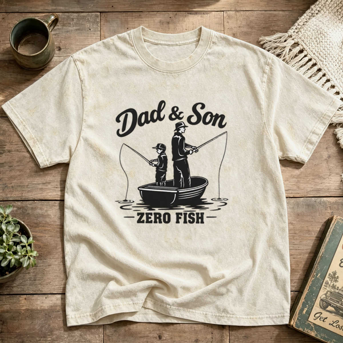Dad And Son Zero Fish Fishing Retro Graphic Washed T-Shirt