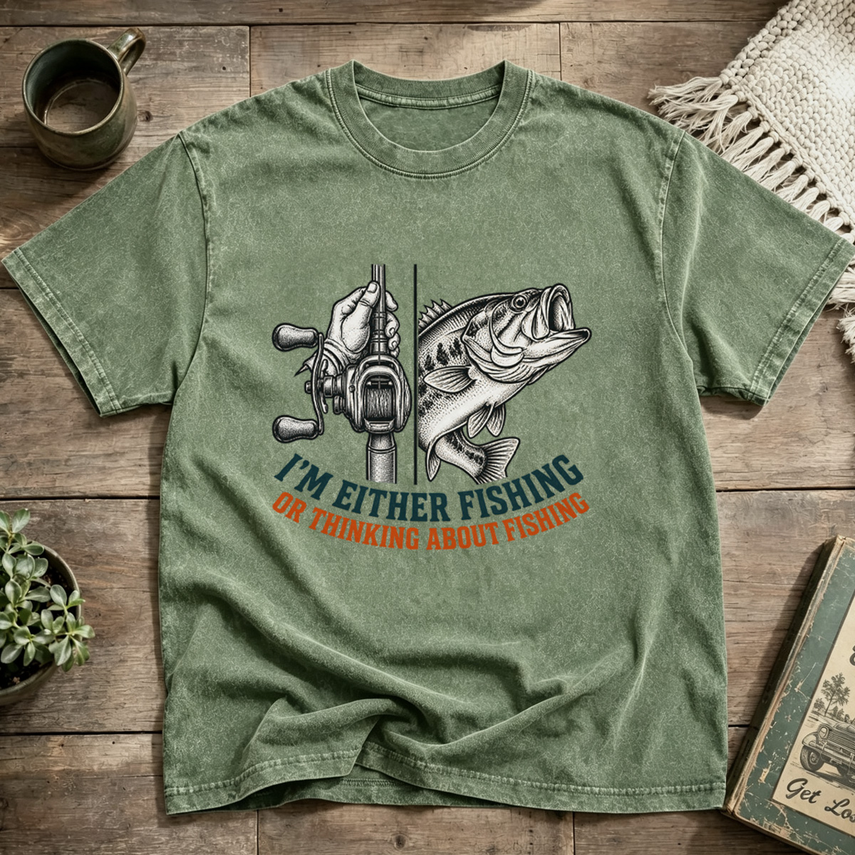 Either Fishing Or Thinking About Fishing Retro Washed T-Shirt