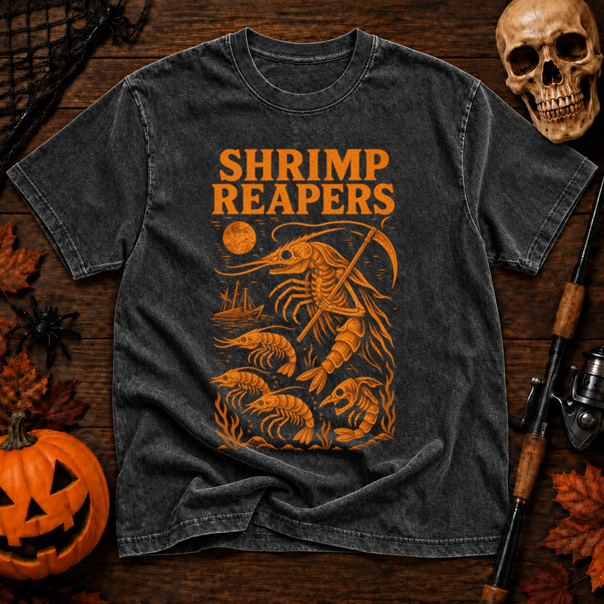 Hrimp Reaper Halloween Fishing Washed T-Shirt