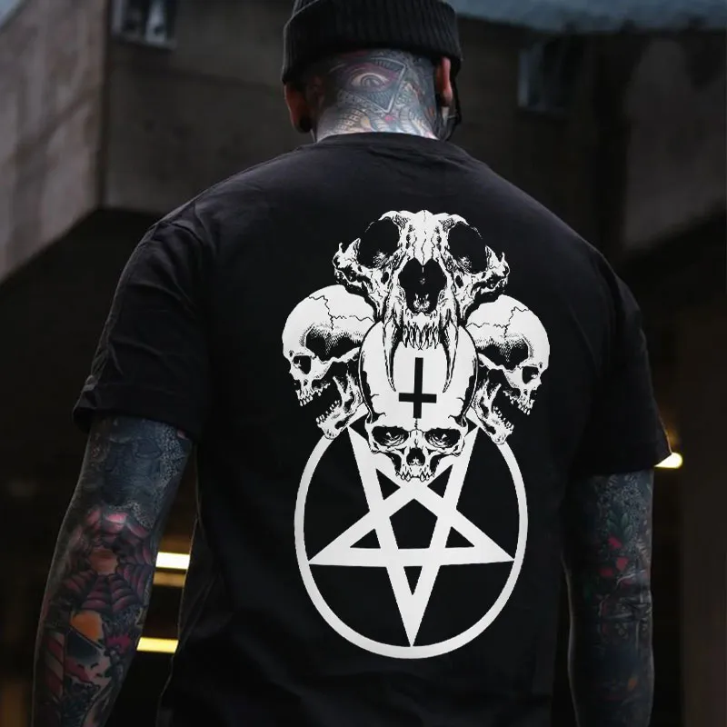 Multifacial Skulls with Star Circle Black Print Men's T-shirt