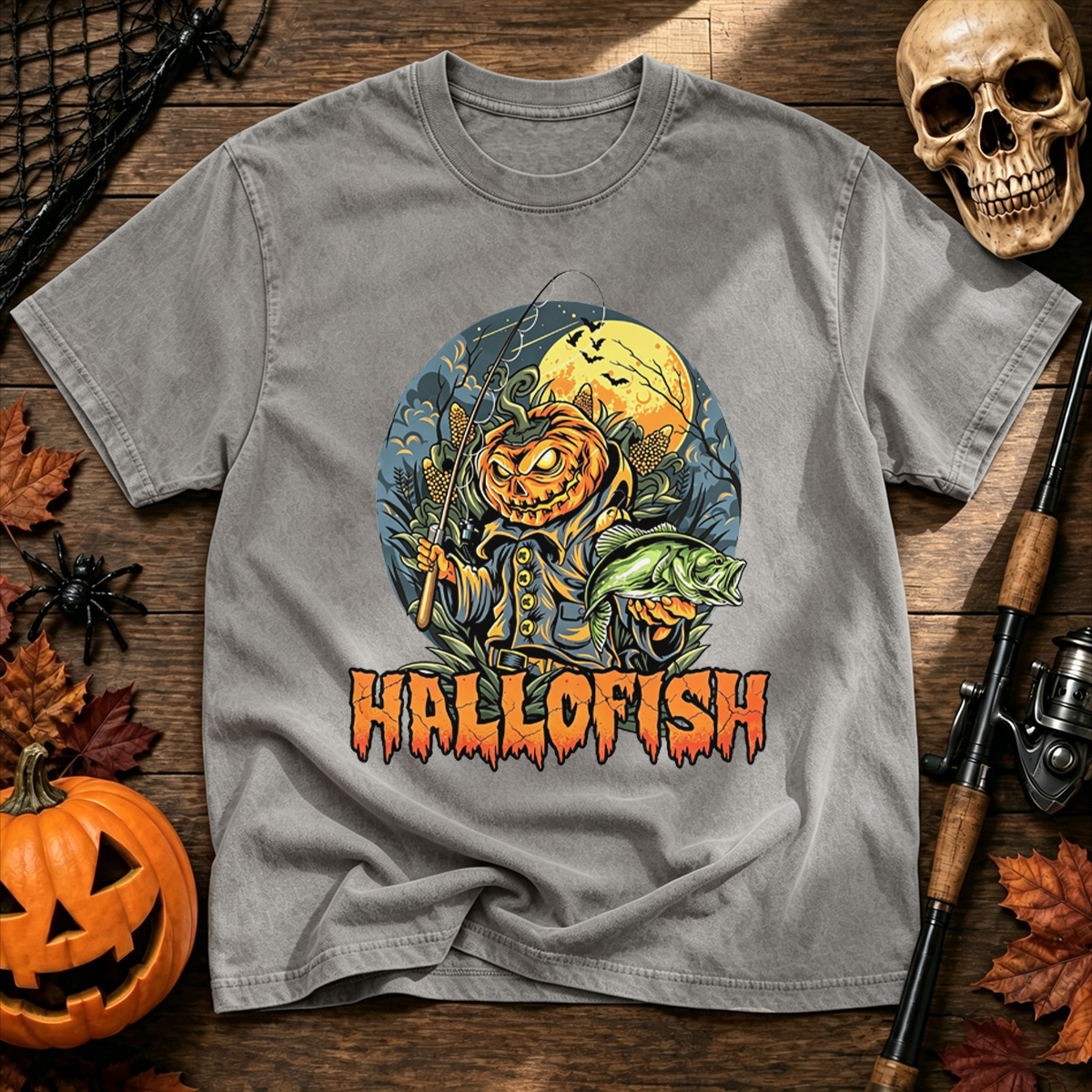 Fishing Pumpkin Halloween Washed T-Shirt