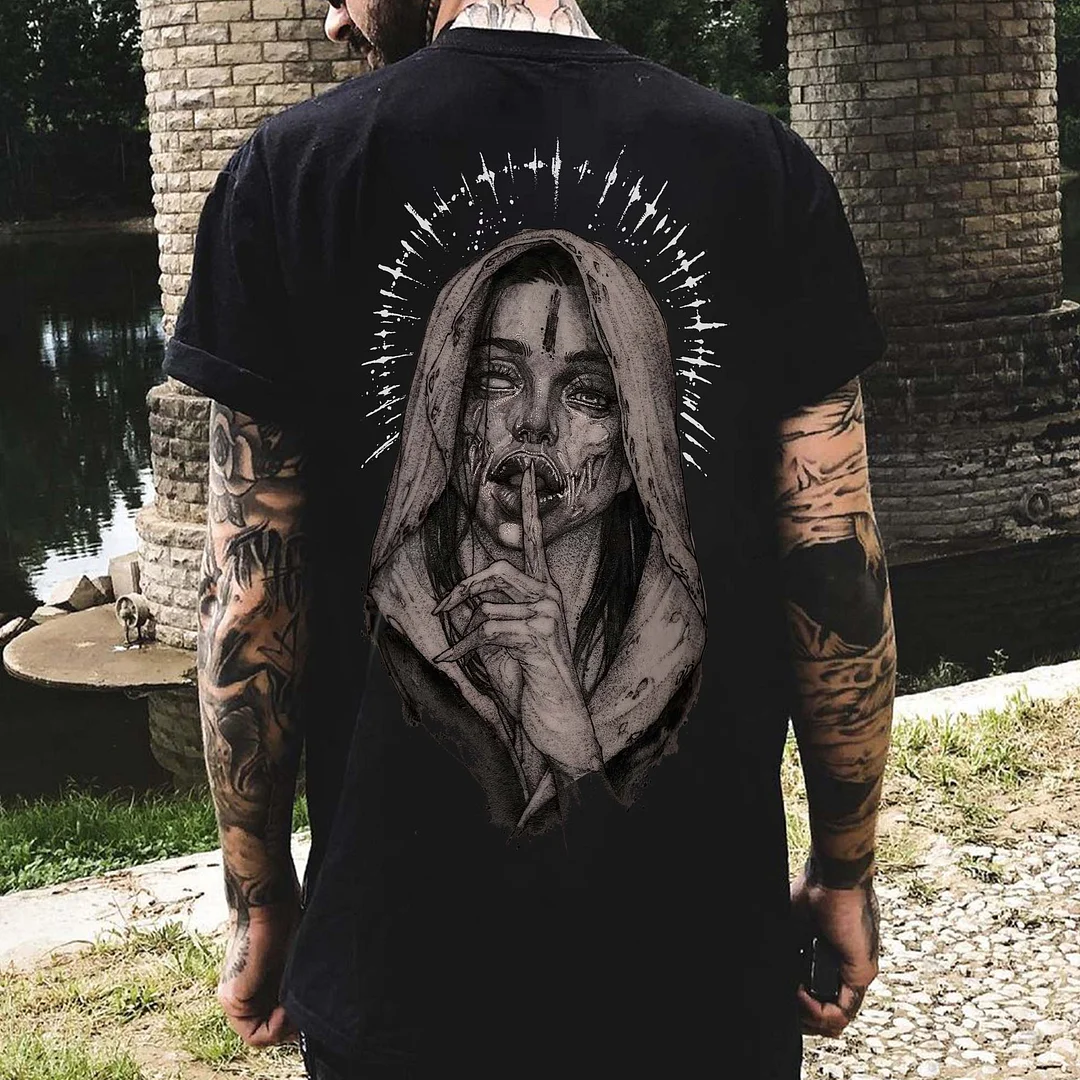 Gloomy Nun Keeping Silent Dark Style Black Print Men's T-shirt