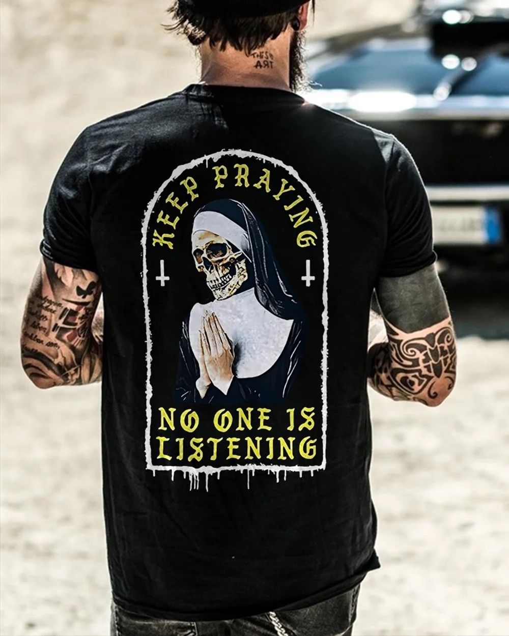 KEEP PRAYING NO ONE IS LISTENING Skull Graphic Black Print Men's T-shirt