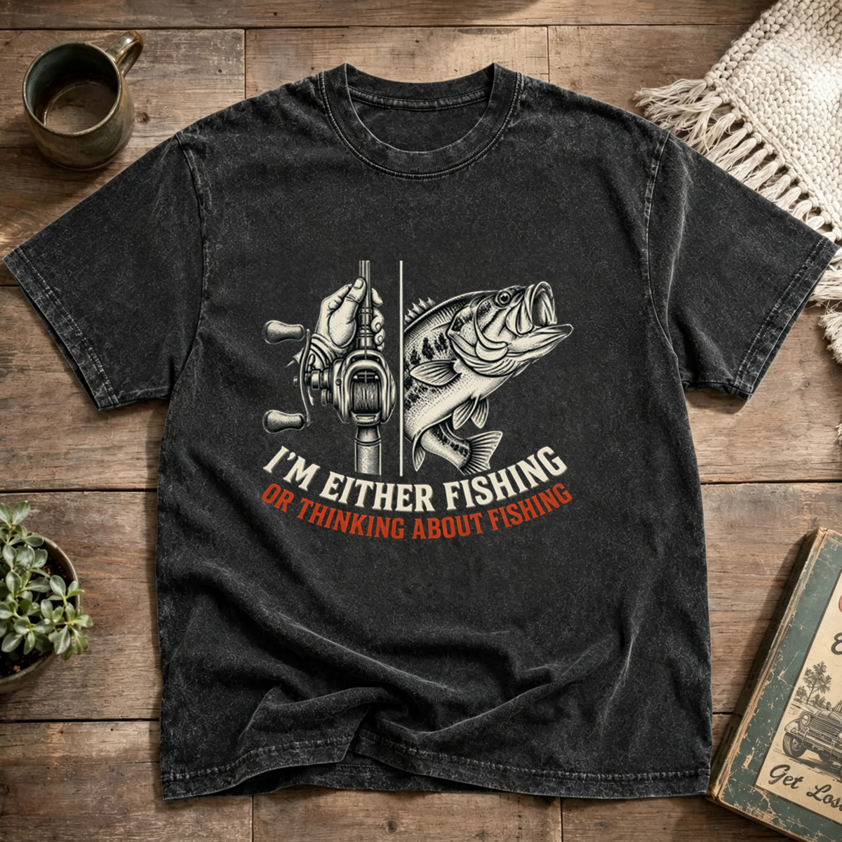 Either Fishing Or Thinking About Fishing Retro Washed T-Shirt