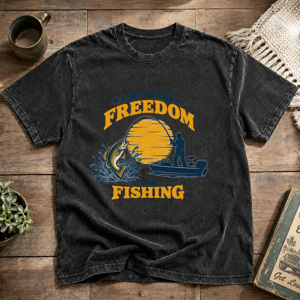 I Run On Freedom And Fishing Sunset Bass Boat Washed T-Shirt