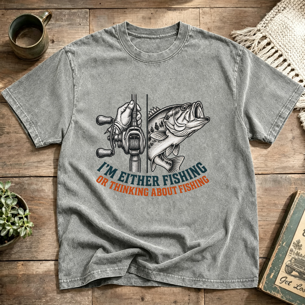 Either Fishing Or Thinking About Fishing Retro Washed T-Shirt