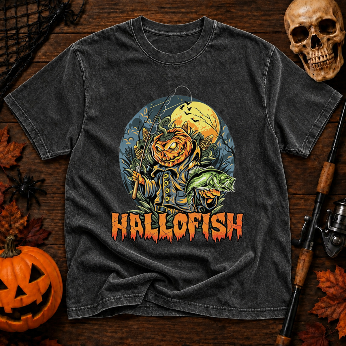 Fishing Pumpkin Halloween Washed T-Shirt