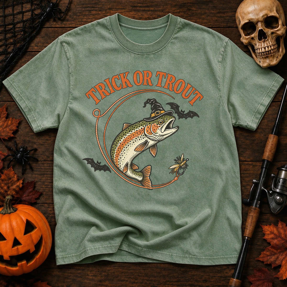 Witch Trout Halloween Fishing Washed T-Shirt