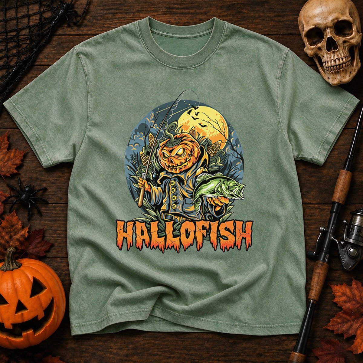 Fishing Pumpkin Halloween Washed T-Shirt